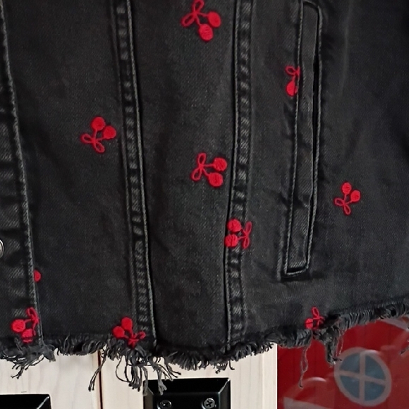Wild Fable Black Jean Jacket with Red Floral Embroidery - Picture 3 of 7